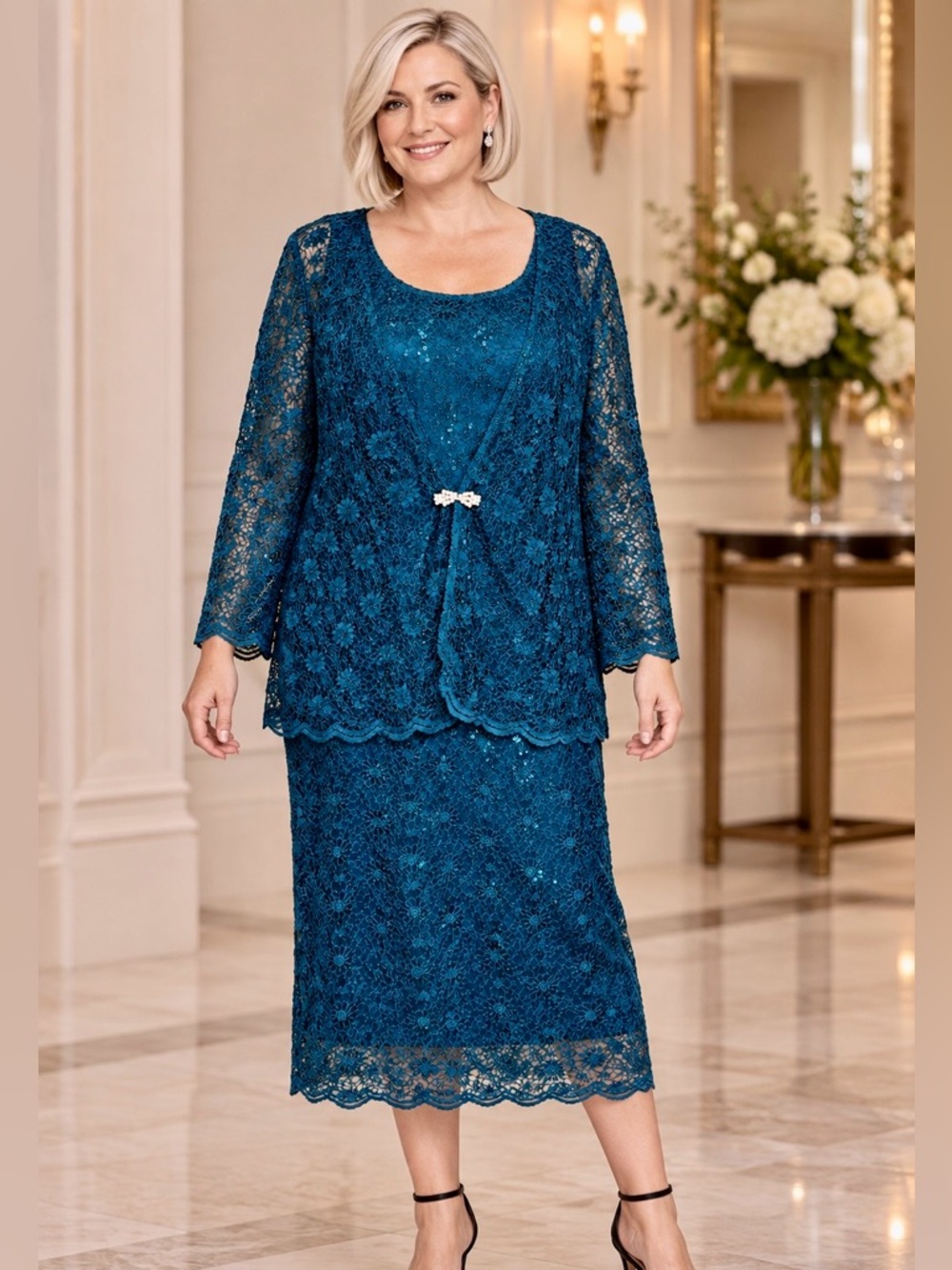 R&M Richards Teal Sequin Lace Dress & Jacket Set Size 14